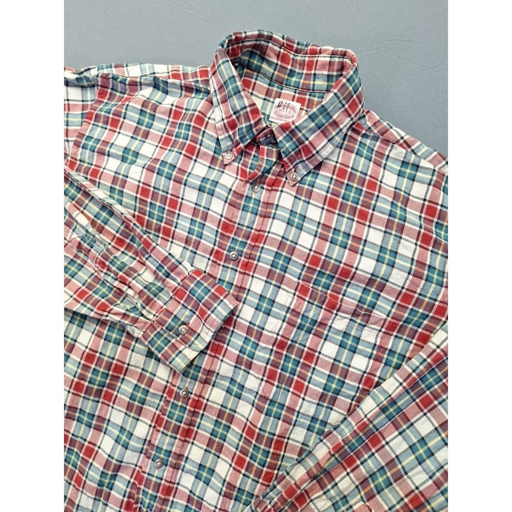 Brooks Brothers Men Large Red Green Plaid Flannel Long Sleeve Pocket Cotton Wool